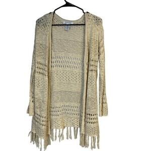 Cream Cardigan 3/4 Sleeve Open Front Fringe Knit Bo Lagenlook Size Medium